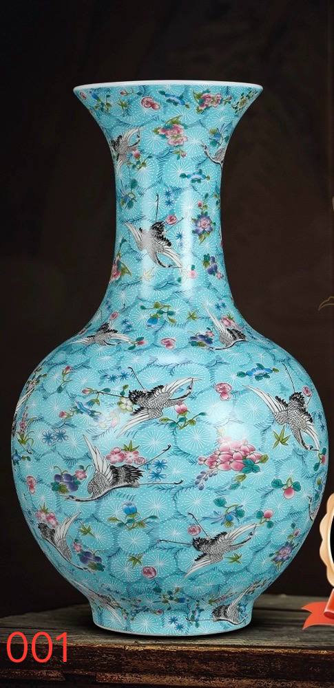 Blue Ground Flying Crane Enamel Vase